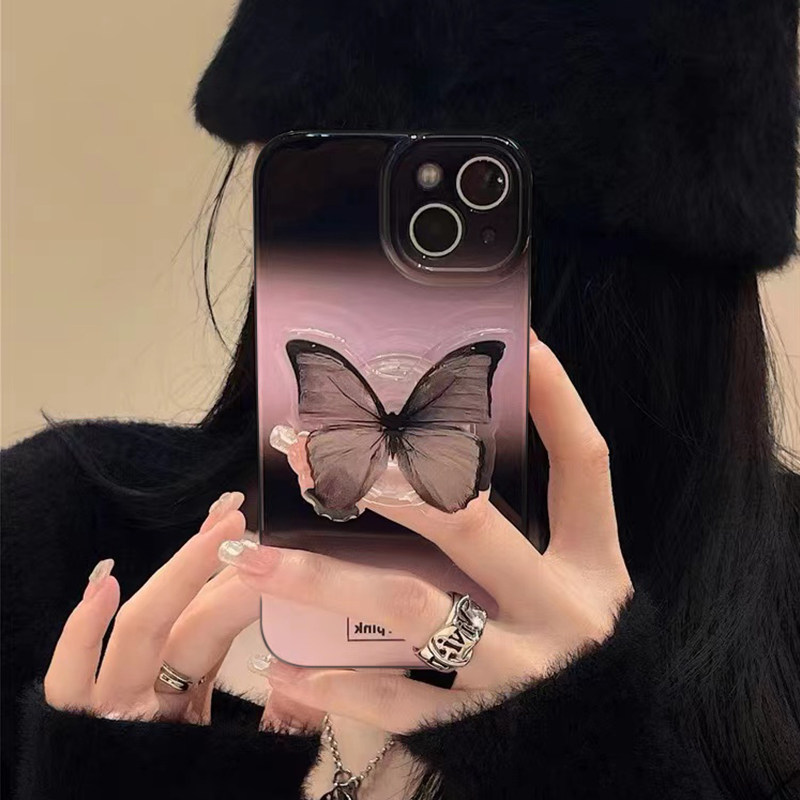 ins黑粉渐变蝴蝶支架小胖妹适用于三星s24+/s23Ultra/s22/s20/s21FE手机壳全包a52女A54创意a53高级感保护壳,3C数码配件,手机保护套/壳,淘宝优惠券,粉丝福利购,淘宝优惠卷