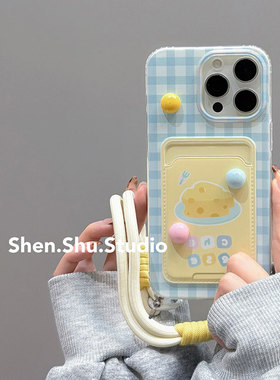 蓝色格纹芝士卡包适用oppo A5/oppo a3透明手机壳A2/a2x可爱a97创意A2m防摔a96/A92s个性A79小众a78/a58x