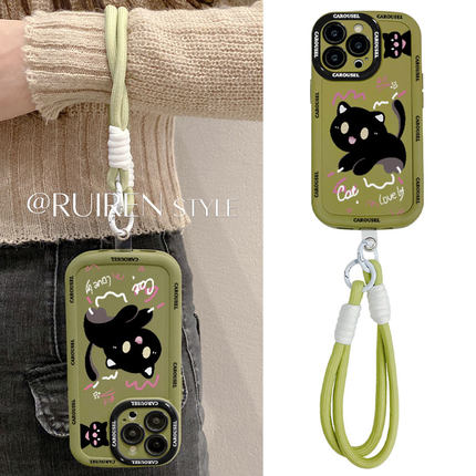 超萌惊吓黑猫带挂绳适用oppo find x8splus/x7至尊手机壳findx6/x5全包防摔k10/k9新款k12x女k11泡芙壳k7情侣