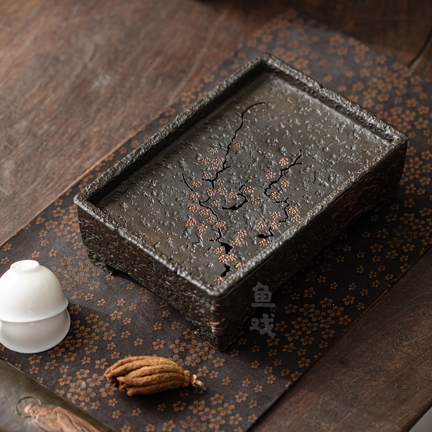 鱼戏手工梅花古锡壶承家用复古做旧储水干泡茶盘茶具茶托盘小茶台