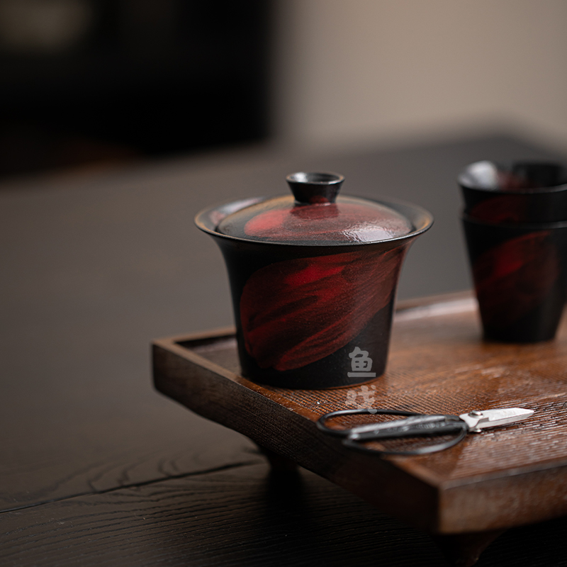 鱼戏粉引故宫红陶瓷盖碗家用日式复古侘寂茶碗手抓碗不烫手泡茶器