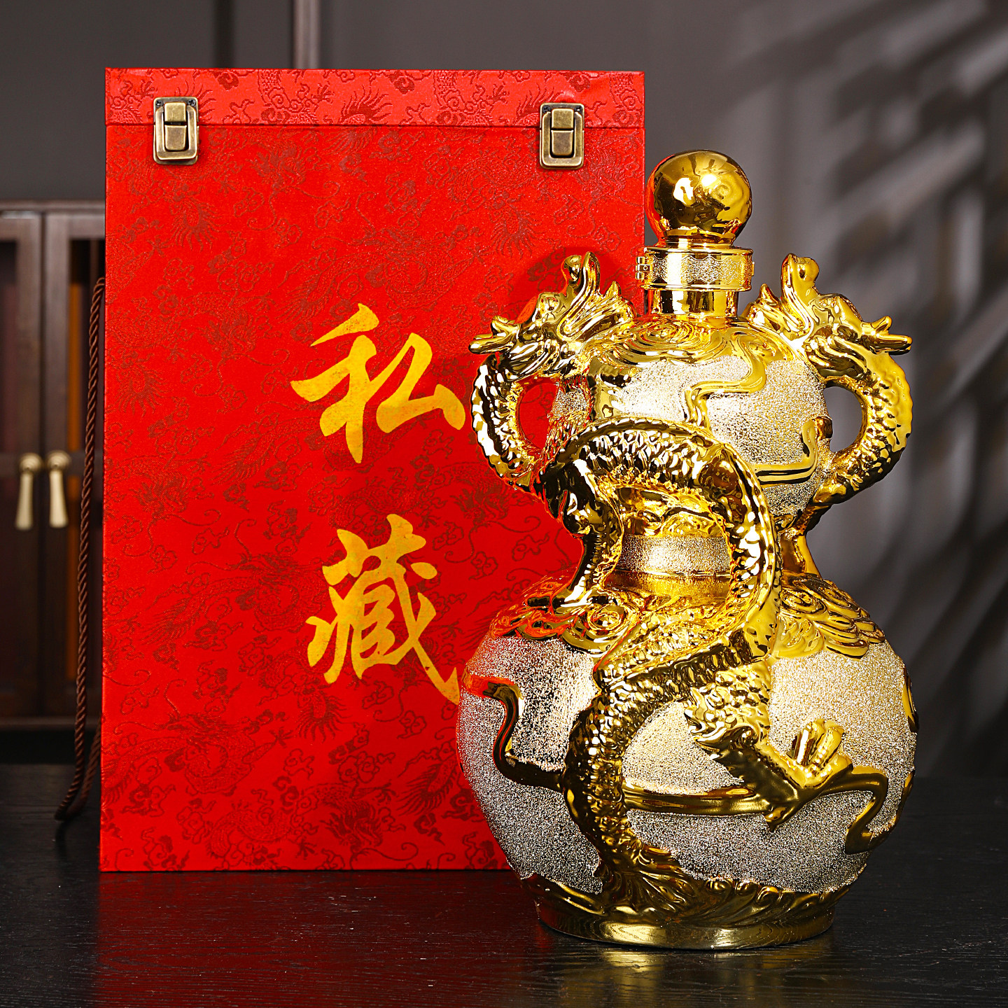 景德镇仿古双龙戏珠葫芦陶瓷酒瓶 10斤装镀金密封酒坛 十斤泡酒罐