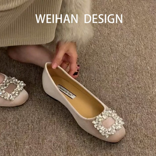 羊皮版！法式晚风水钻方扣玛丽珍鞋女丝绒一脚蹬温柔平底浅口单鞋