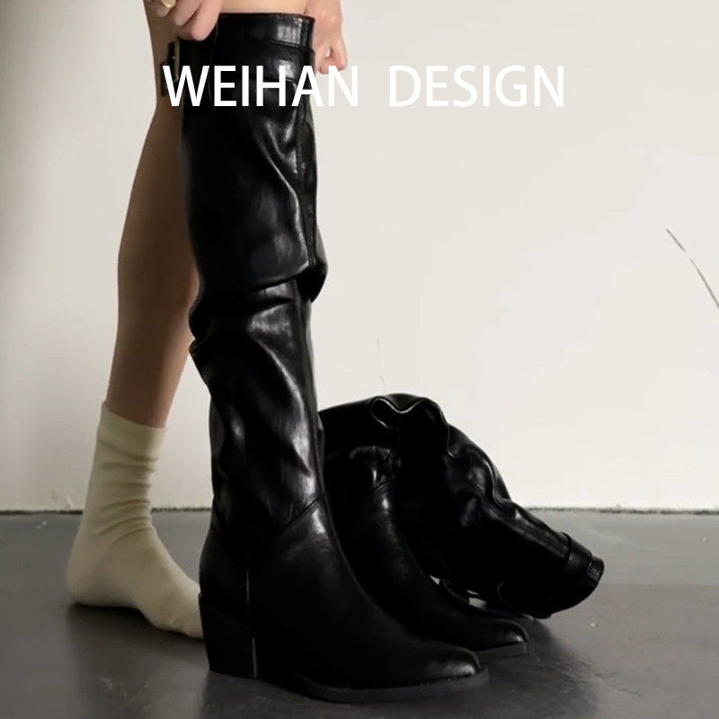 羊皮版！尖头粗跟增高堆堆长筒靴女气质百搭简约褶皱加绒过膝长靴,女鞋,时装靴,淘宝优惠券,粉丝福利购,淘宝优惠卷