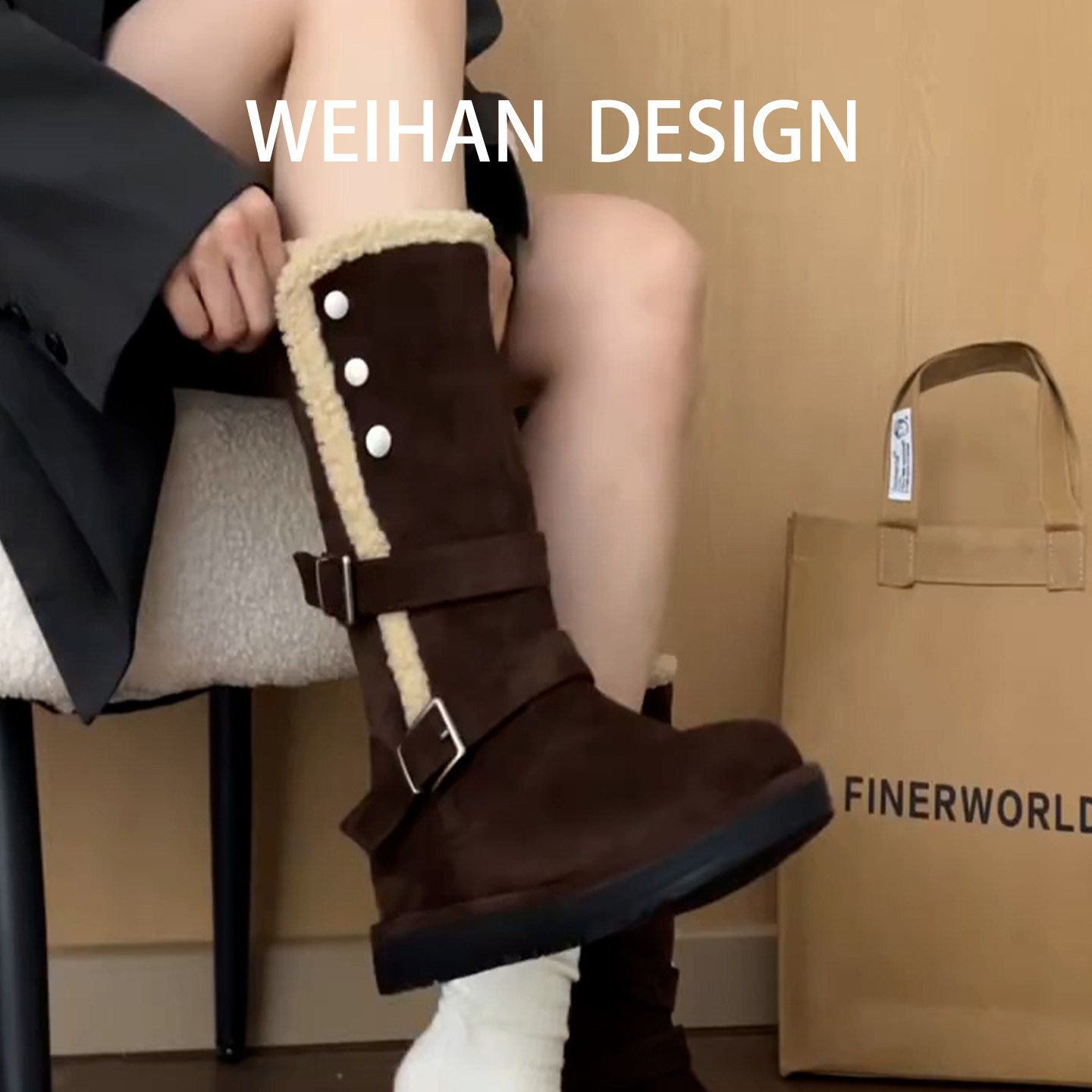 羊皮版！厚底加绒保暖雪地靴女秋冬皮带扣百搭东北毛毛靴中筒棉靴,女鞋,时尚雪地靴,淘宝优惠券,粉丝福利购,淘宝优惠卷