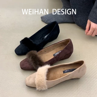 羊皮版！毛毛尖头加绒跛跟单鞋女内增高百搭通勤鞋不累脚玛丽珍鞋