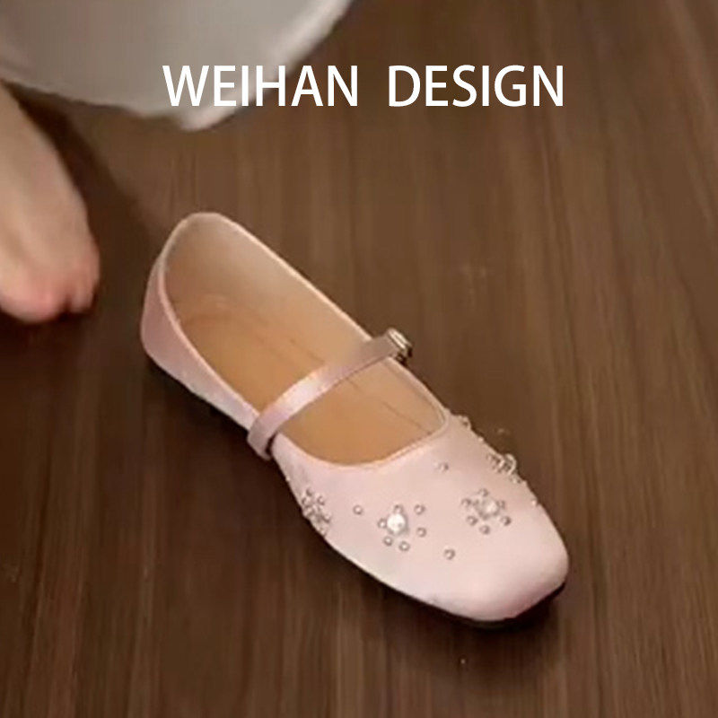 羊皮版！平底小香风单鞋女仙女风一字带方头温柔软底水钻浅口单鞋,女鞋,浅口单鞋,淘宝优惠券,粉丝福利购,淘宝优惠卷