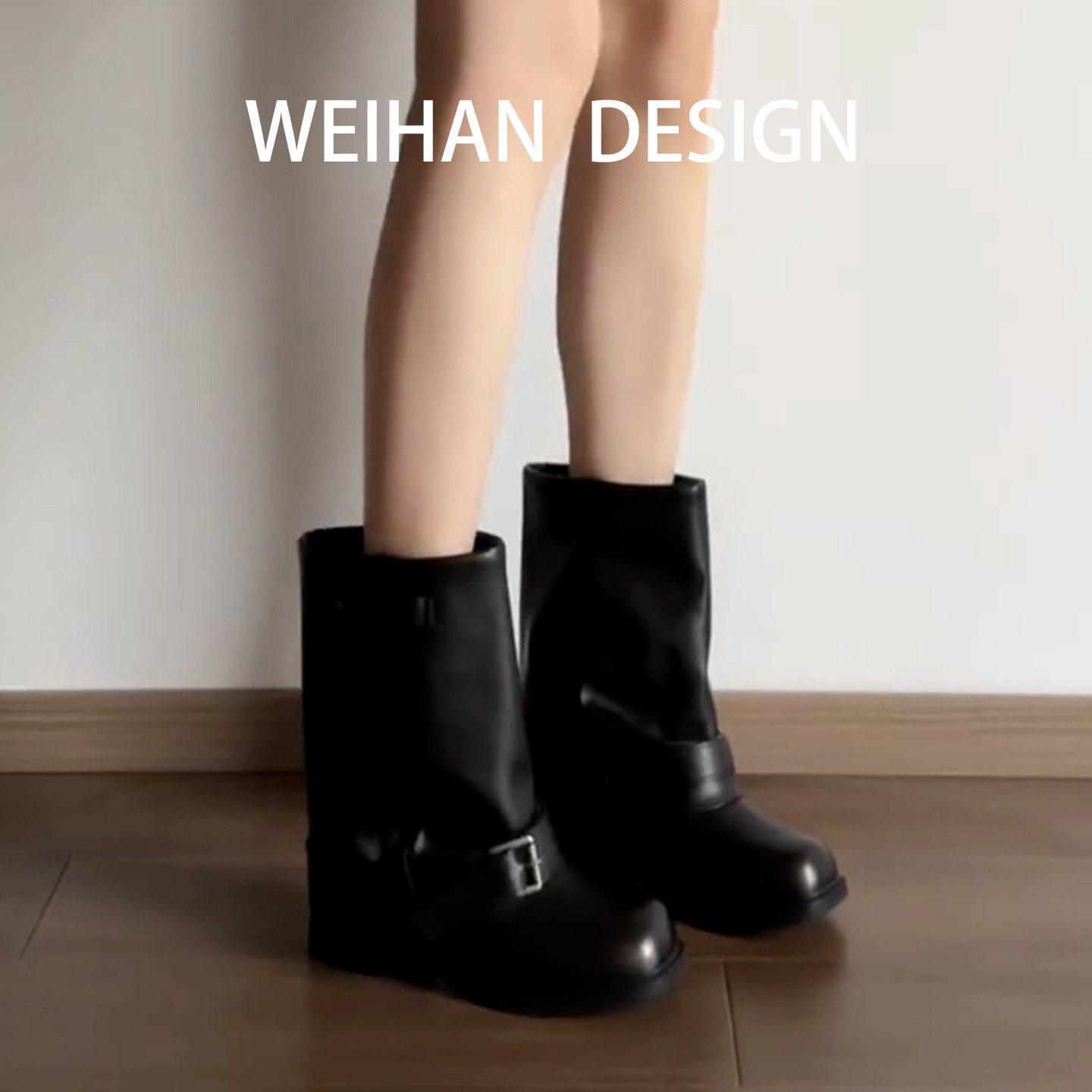 羊皮版！厚底粗跟圆头马丁靴女复古百搭西部机车骑士靴真皮中筒靴,女鞋,时装靴,淘宝优惠券,粉丝福利购,淘宝优惠卷