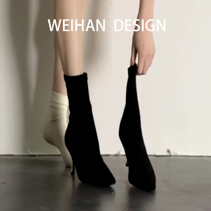 羊皮版！复古尖头高跟短靴女秋冬绒面显瘦袜靴气质百搭弹力瘦瘦靴,女鞋,时装靴,淘宝优惠券,粉丝福利购,淘宝优惠卷