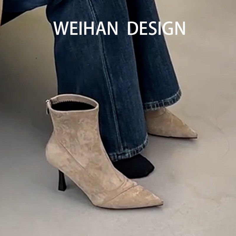 羊皮版！韩版绒面高跟短靴女尖头复古马丁靴通勤细跟弹力瘦瘦靴,女鞋,时装靴,淘宝优惠券,粉丝福利购,淘宝优惠卷