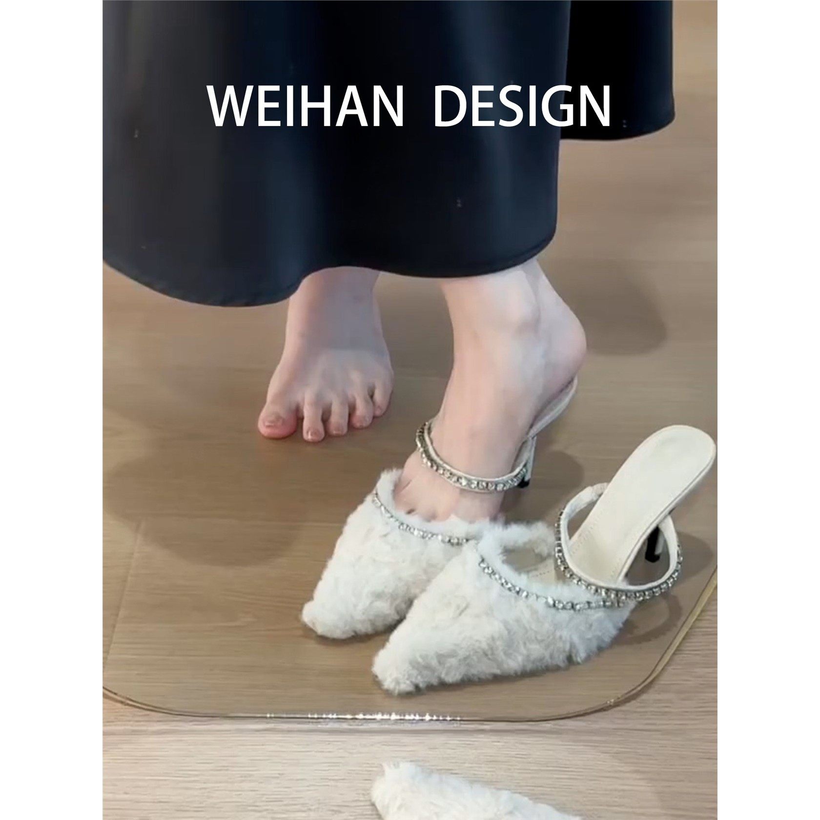 羊皮版！法式性感尖头水钻高跟鞋女外穿毛毛单鞋配裙子细跟半拖鞋,女鞋,毛毛鞋,淘宝优惠券,粉丝福利购,淘宝优惠卷