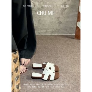 羊皮版！极简风镂空一字带凉拖鞋女坡跟露趾凉鞋白色真皮高跟鞋