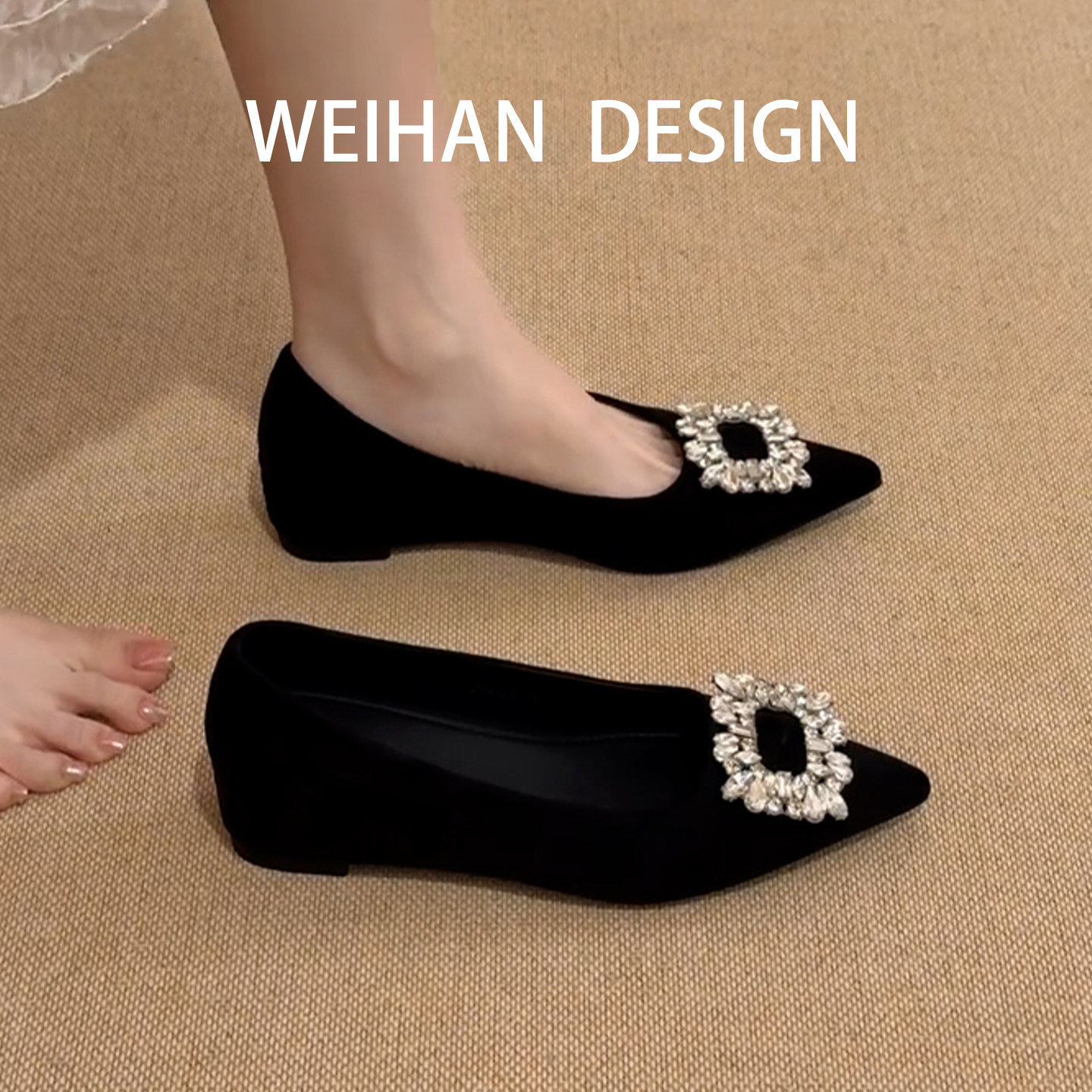 羊皮版！法式水钻方扣浅口单鞋女黑色通勤尖头内增高平底晚晚鞋