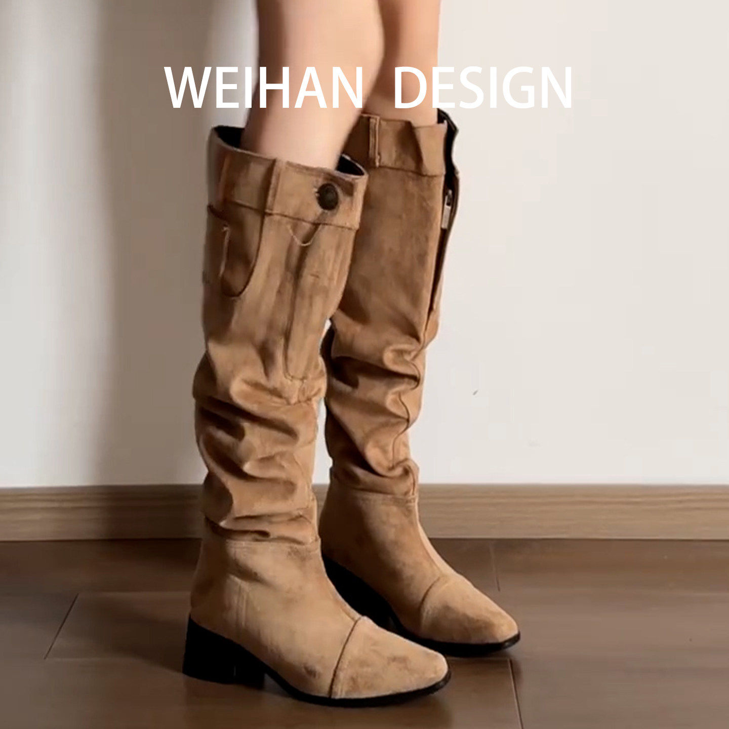 羊皮版！废土风骑士靴大筒围堆堆靴皮带扣显瘦西部靴粗跟长筒靴女,女鞋,骑士靴,淘宝优惠券,粉丝福利购,淘宝优惠卷
