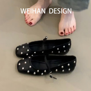 羊皮版~法式复古铆钉方头一字带玛丽珍鞋子女浅口内增高平底单鞋