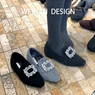 羊皮版！复古水钻方扣乐福鞋女加绒一脚蹬毛毛鞋内增高保暖豆豆鞋