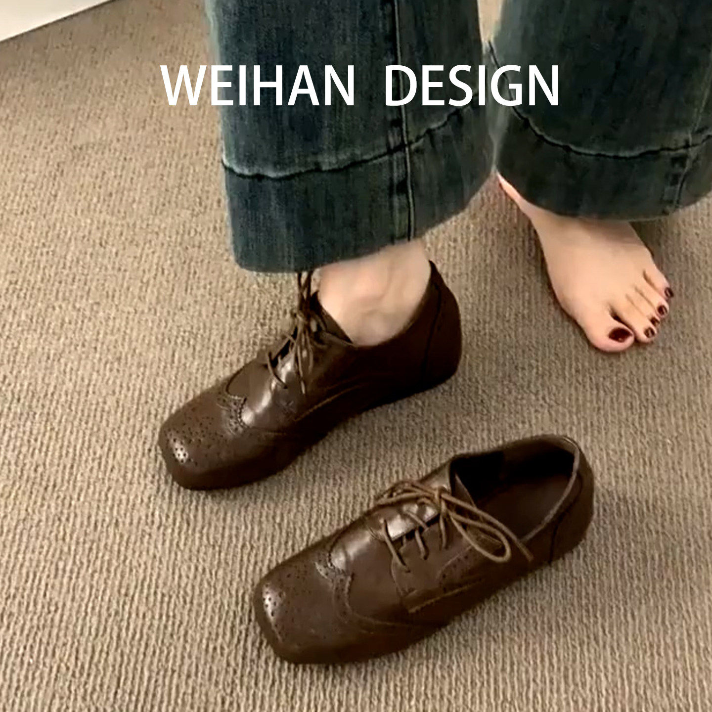 羊皮版！小众高级感深口单鞋雕花系带小皮鞋女方头平底百搭乐福鞋,女鞋,深口单鞋,淘宝优惠券,粉丝福利购,淘宝优惠卷