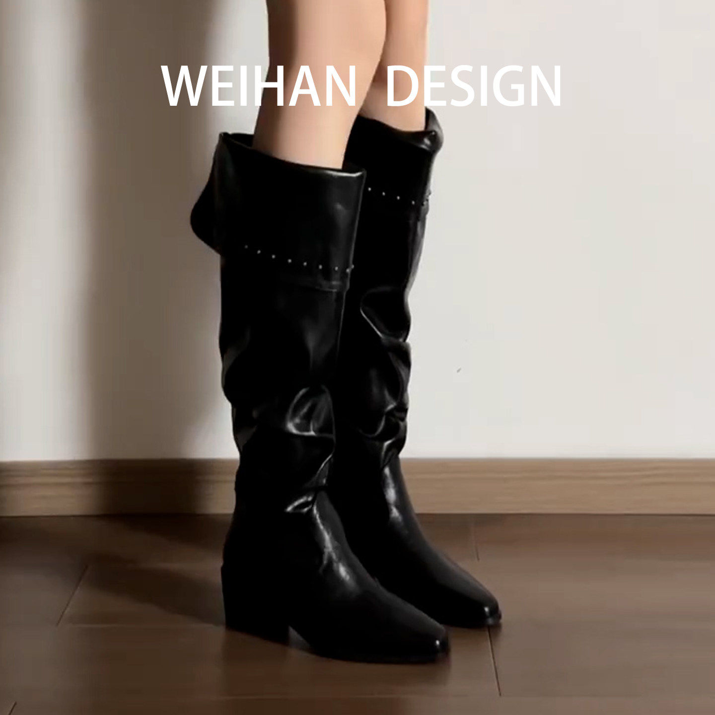 羊皮版！粗跟铆钉方头真皮长靴女欧美风高跟堆堆靴显瘦褶皱骑士靴,女鞋,骑士靴,淘宝优惠券,粉丝福利购,淘宝优惠卷