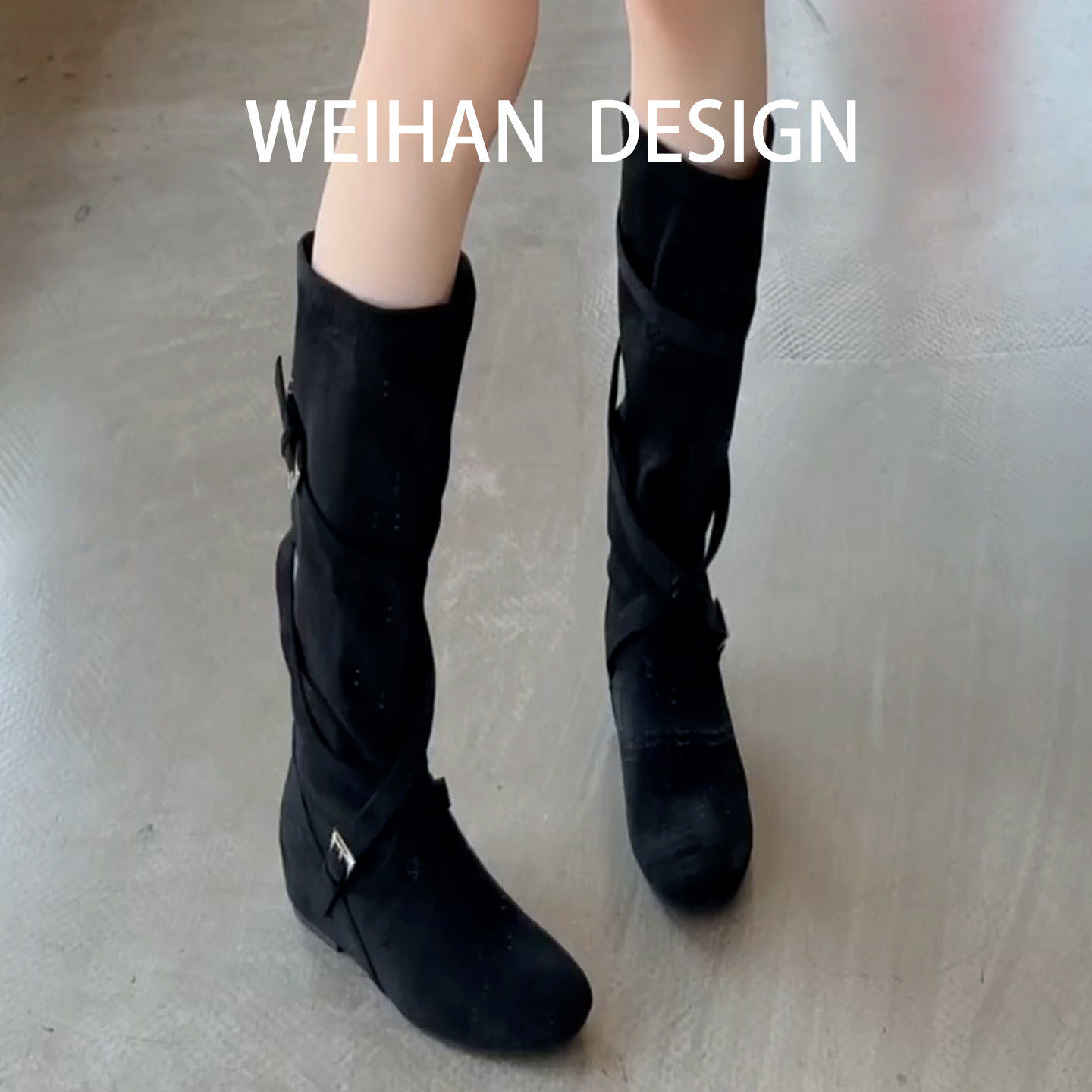 羊皮版！黑色内增高褶皱堆堆靴女交叉扣带中高筒西部靴长靴骑士靴,女鞋,弹力靴/袜靴,淘宝优惠券,粉丝福利购,淘宝优惠卷