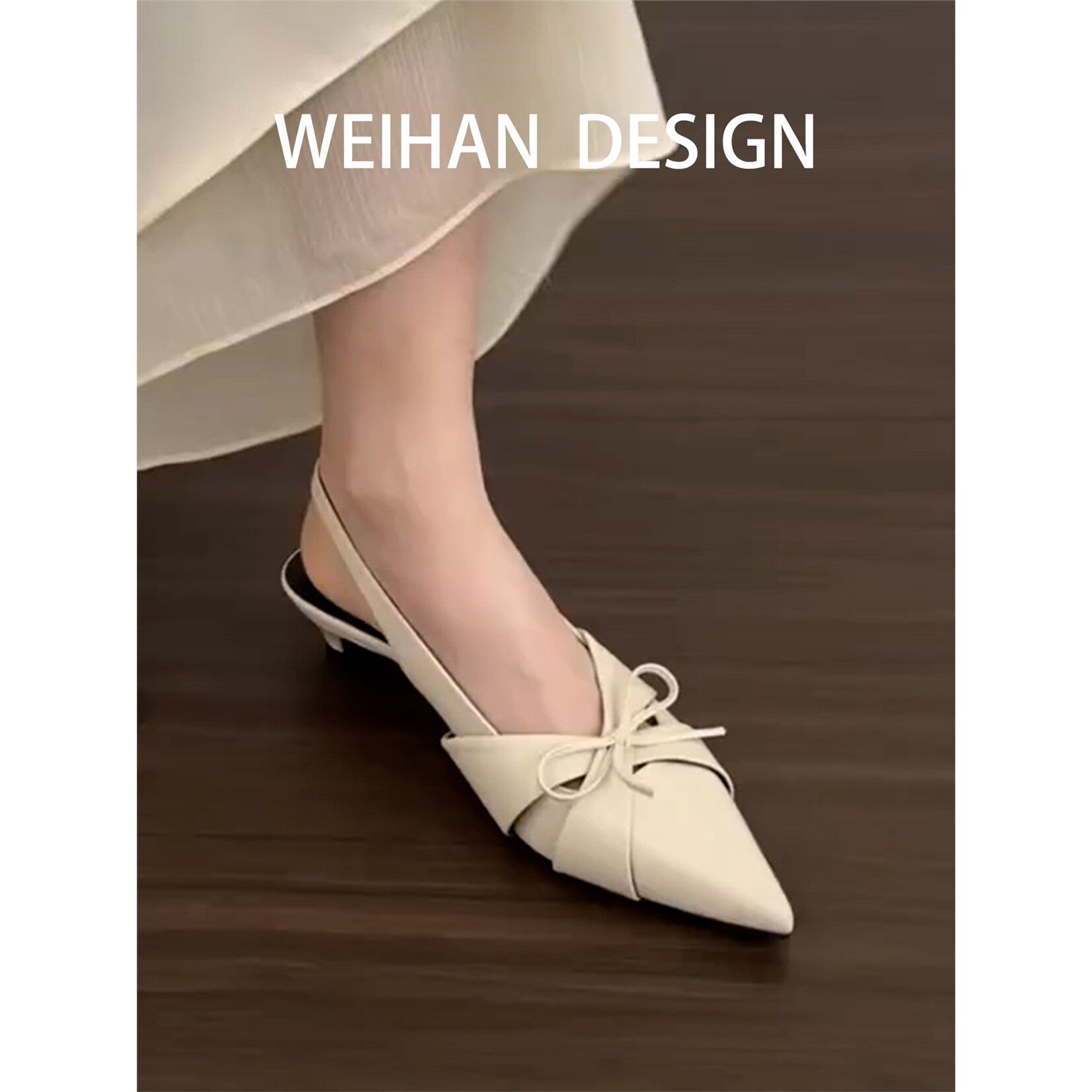 羊皮版！蝴蝶结尖头粗跟单鞋女仙女风后绊带凉鞋配裙子法式高跟鞋