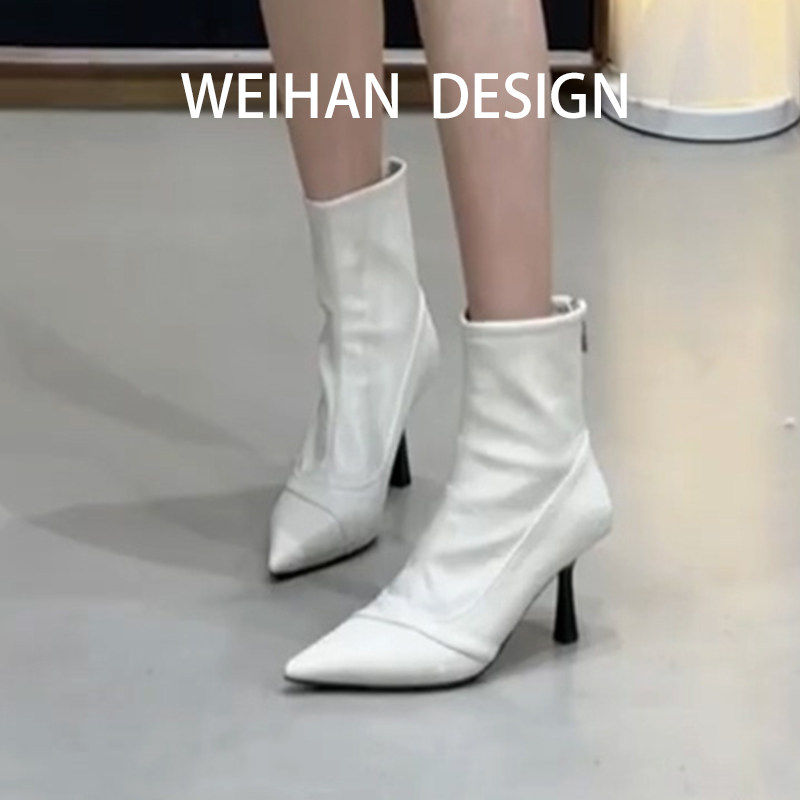 羊皮版！白色气质尖头高跟短靴法式气质细跟弹力瘦瘦靴后拉链踝靴,女鞋,时装靴,淘宝优惠券,粉丝福利购,淘宝优惠卷