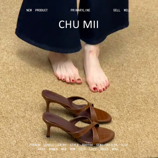 羊皮版~韩系复古交叉带凉鞋女真皮小众露趾凉拖鞋时尚细跟高跟鞋