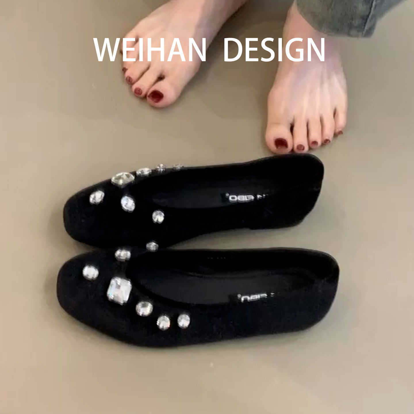 羊皮版！法式黑色玛丽珍鞋女一脚蹬水钻平底方头丝绒芭蕾舞单鞋,女鞋,浅口单鞋,淘宝优惠券,粉丝福利购,淘宝优惠卷