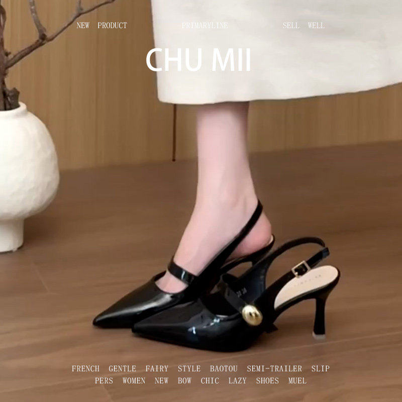 羊皮版！性感金属扣一字带单鞋女黑色尖头高跟鞋法式真皮包头凉鞋