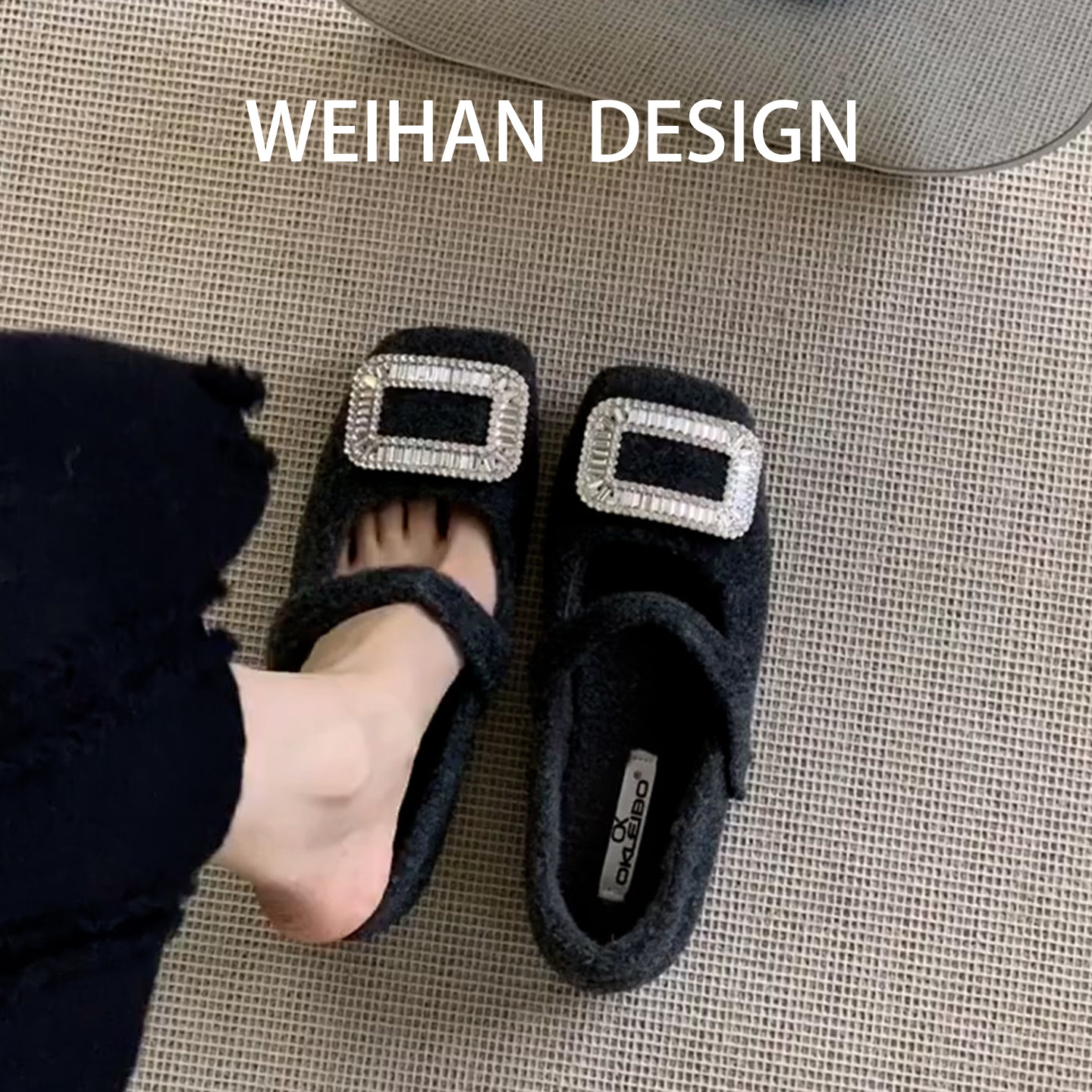 羊皮版！法式水钻方扣毛毛玛丽珍鞋女平底一字带加绒配裙子棉单鞋