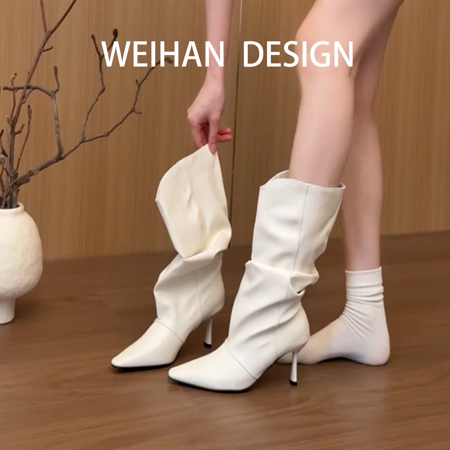 羊皮版！法式白色堆堆靴女细跟高跟瘦瘦靴尖头中筒靴气质骑士靴,女鞋,弹力靴/袜靴,淘宝优惠券,粉丝福利购,淘宝优惠卷