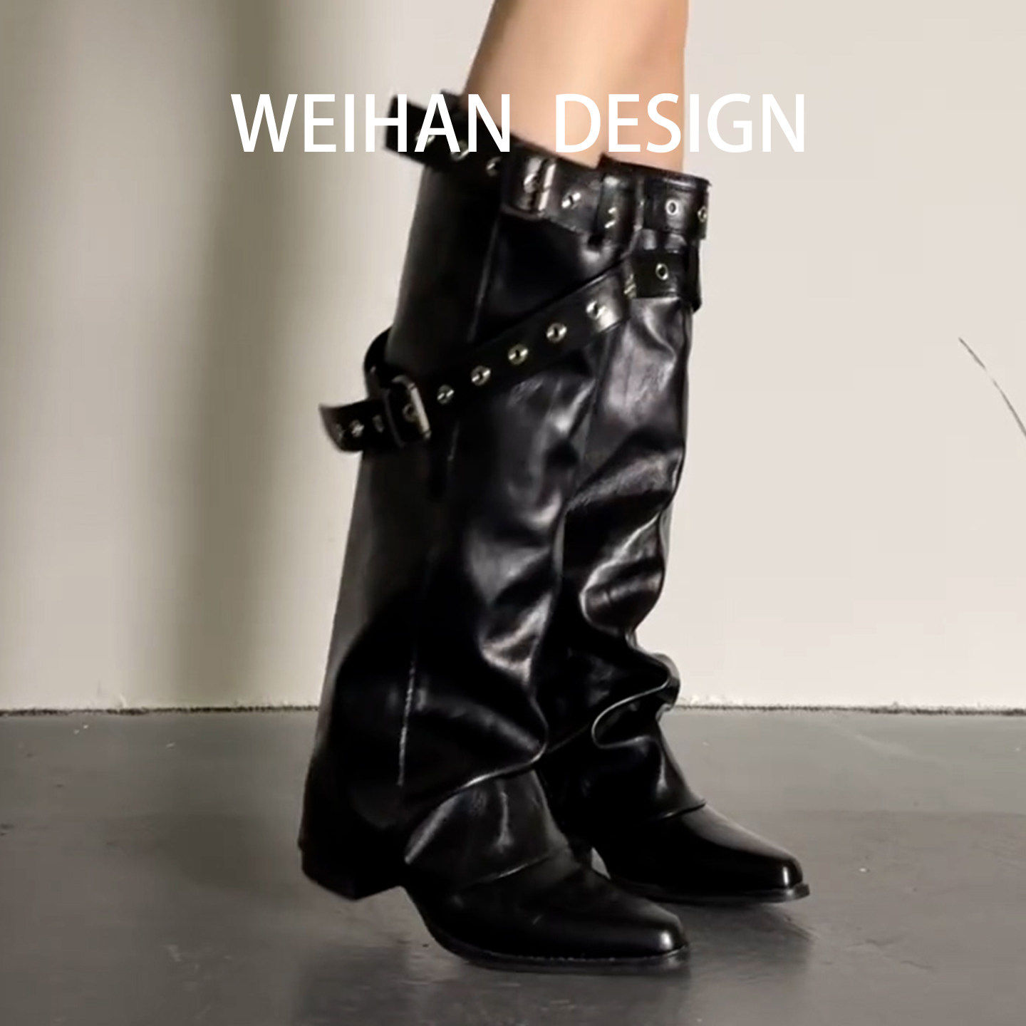 羊皮版！复古皮带扣裤管靴女真皮辣妹法式显瘦长靴粗跟铆钉骑士靴,女鞋,骑士靴,淘宝优惠券,粉丝福利购,淘宝优惠卷