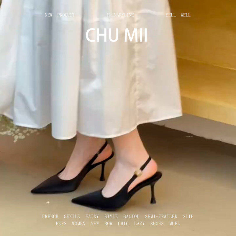 羊皮版~黑色御姐风细跟凉鞋女简约百搭尖头单鞋法式配裙子高跟鞋