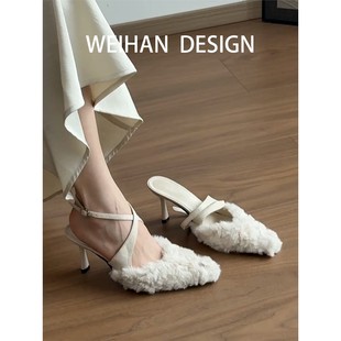 羊皮版!韩版尖头交叉绑带高跟凉鞋女细跟包头凉拖鞋后空温柔单鞋