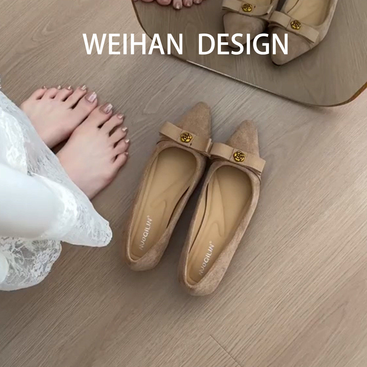 羊皮版！复古法式气质晚晚风单鞋女蝴蝶结山茶花尖头绒面通勤瓢鞋