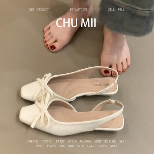 羊皮版！温柔蝴蝶结方头凉鞋女绝美褶皱软底单鞋真皮晚晚风高跟鞋