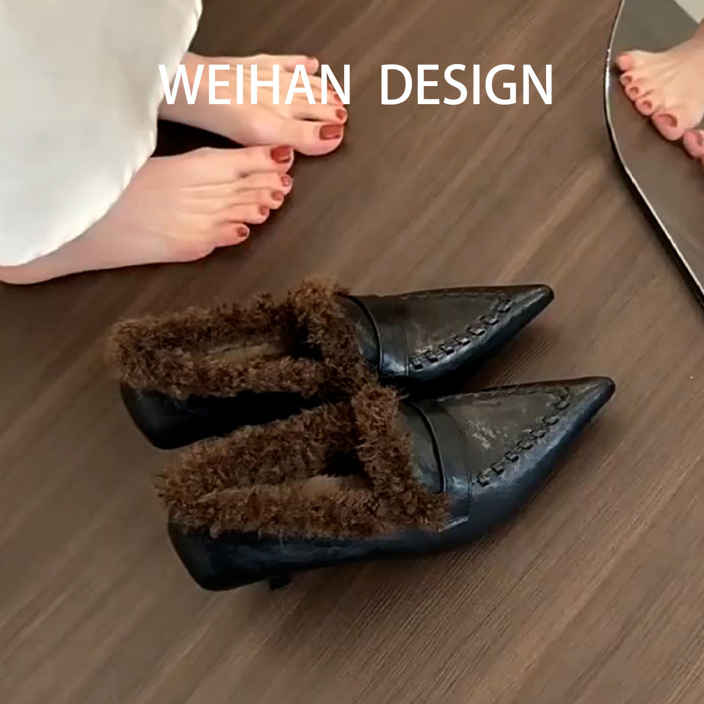 羊皮版！尖头羊毛卷深口加绒单鞋复古细跟玛丽珍毛毛鞋时髦高跟鞋