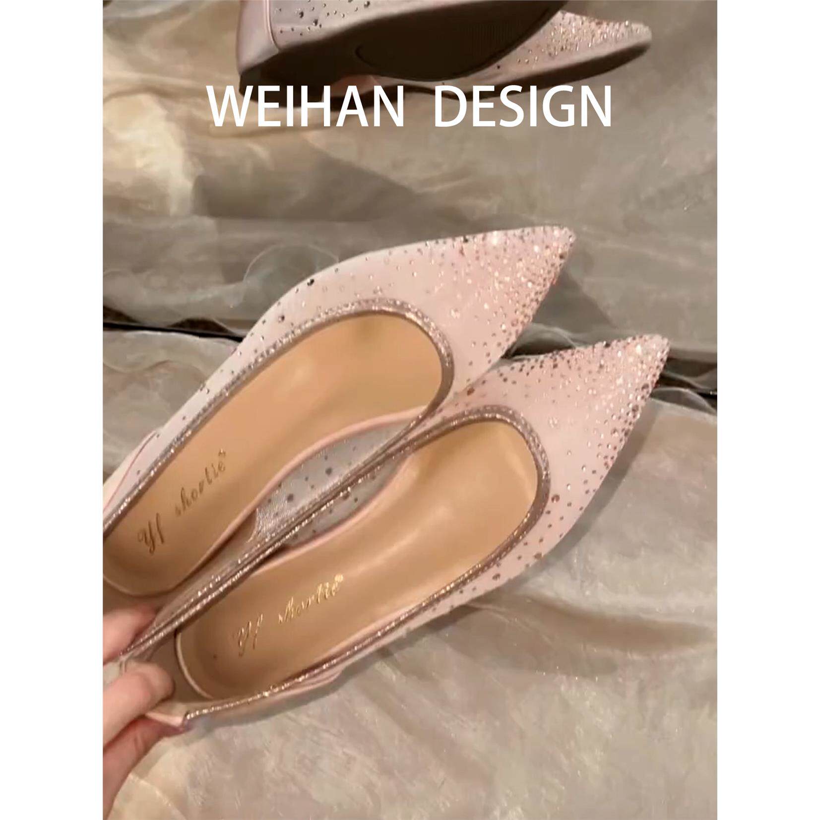 羊皮版！法式闪钻尖头浅口单鞋配裙子内增高瓢鞋女绝美网纱伴娘鞋