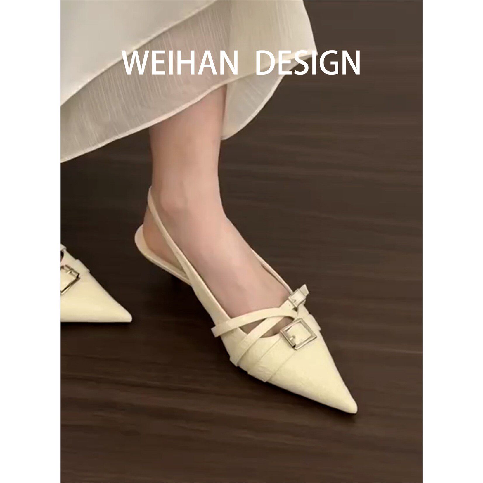 羊皮版！仙女小众设计感尖头高跟鞋女小清新温柔气质后空细跟凉鞋