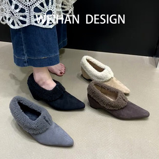 羊皮版！内增高尖头复古羊羔毛毛鞋女秋冬单鞋加绒保暖内增高棉鞋