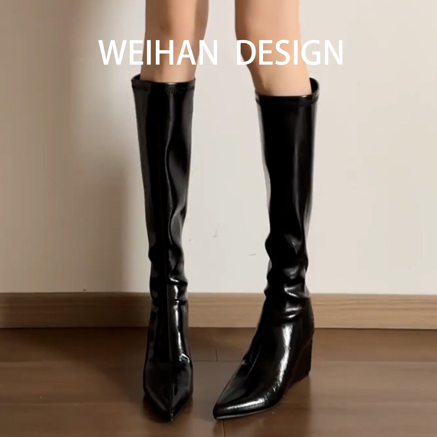 羊皮版！黑色尖头坡跟直筒骑士靴女高跟百搭显瘦长筒靴辣妹高筒靴,女鞋,骑士靴,淘宝优惠券,粉丝福利购,淘宝优惠卷