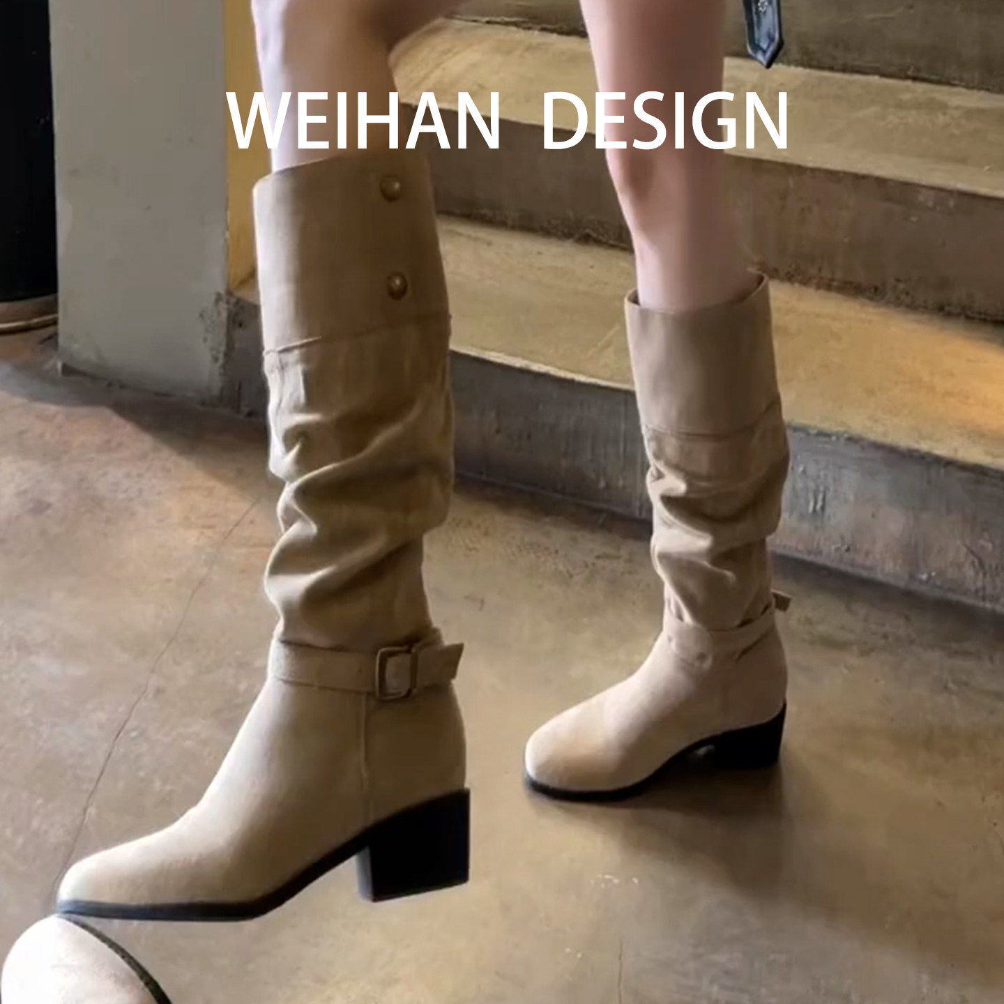 羊皮版！复古粗跟绒面套筒骑士靴女不过膝堆堆靴皮带扣显瘦长靴子,女鞋,骑士靴,淘宝优惠券,粉丝福利购,淘宝优惠卷