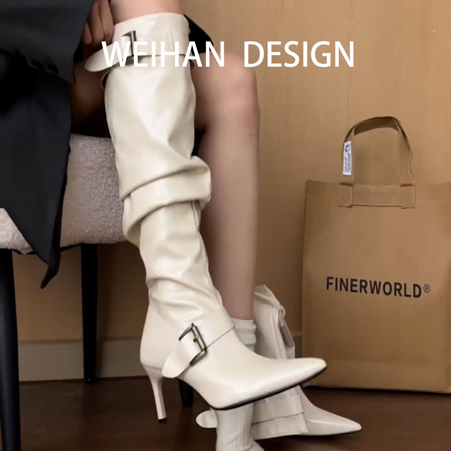 羊皮版！辣妹细跟褶皱堆堆靴女尖头皮带扣高跟骑士靴不过膝长筒靴,女鞋,骑士靴,淘宝优惠券,粉丝福利购,淘宝优惠卷