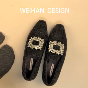 羊皮版！法式气质毛呢水钻方扣单鞋女内增高毛毛一脚蹬加绒乐福鞋