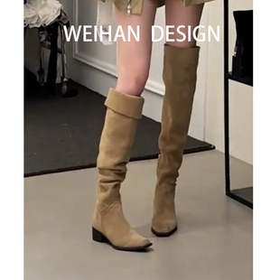 羊皮版 复古绒面过膝长靴女高筒两穿堆堆靴粗跟褶皱西部牛仔靴子