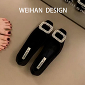 法式 水钻方扣绒面单鞋 女晚风黑色加绒保暖毛毛鞋 羊皮版 玛丽珍鞋