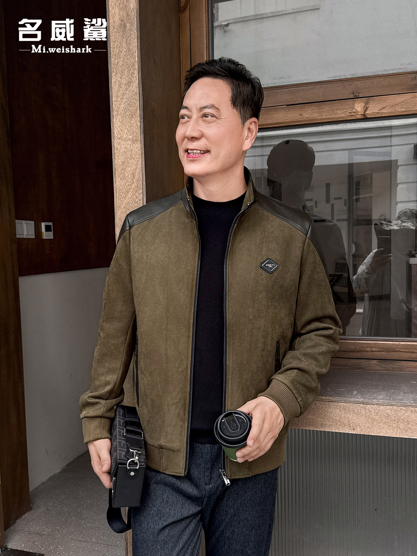 中老年爸爸休闲茄克衫中年男装春秋季夹克立领彷麂皮上衣厚款外套
