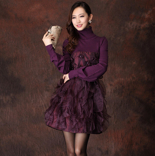 秋装新款正品女装高领灯笼袖蓬蓬裙欧根纱真丝连衣裙 针织羊毛裙