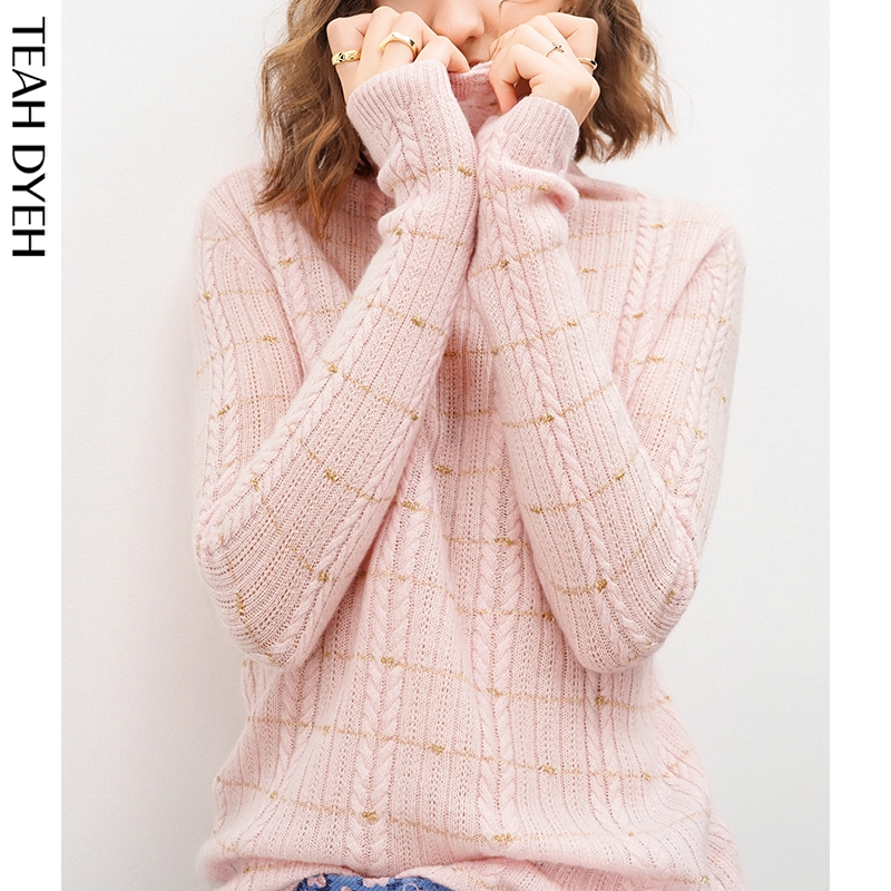 粉色高领亮丝格子提花刺绣羊绒衫