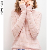 羊绒衫 女100纯羊绒粉色高领亮丝格子提花刺绣打底高领针织衫 毛衣
