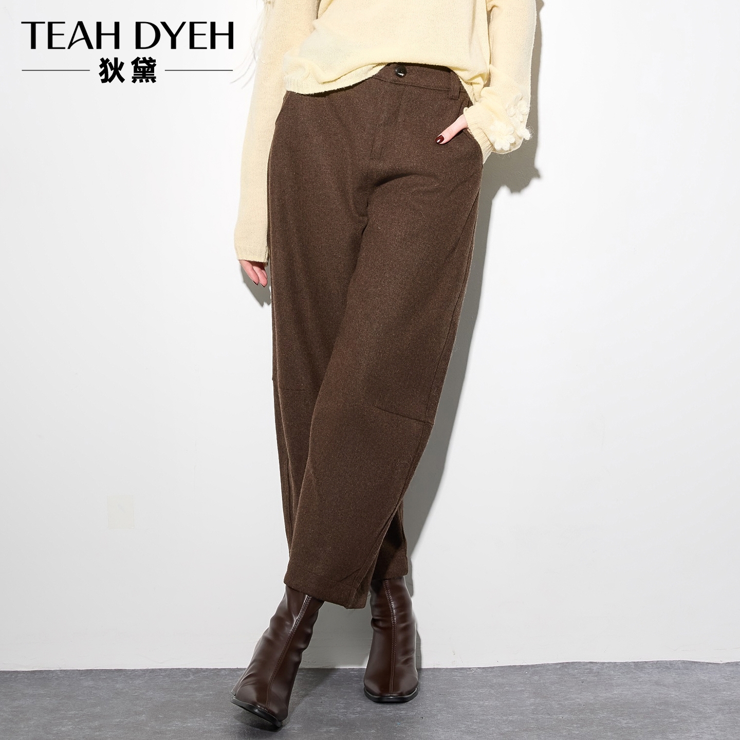 复古驼色宽松高腰萝卜九分裤秋冬